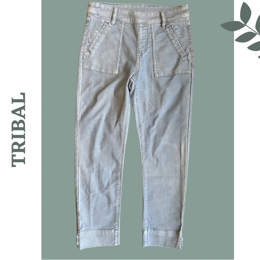 Tribal Women’s Stretch Pull On Capri Pant Washed Denim Look Front Rear Pockets